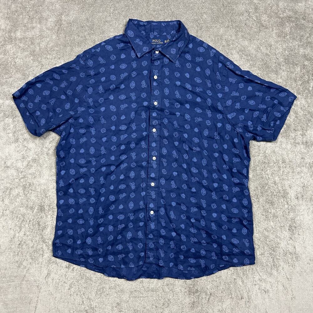 Polo Ralph Lauren 100% Linen Button Up Shirt 2XL Blue Football Bulldog Logo